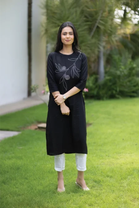 Dusk Noir Black Viscose Kurti with Closed Neck & 3/4th Sleeves