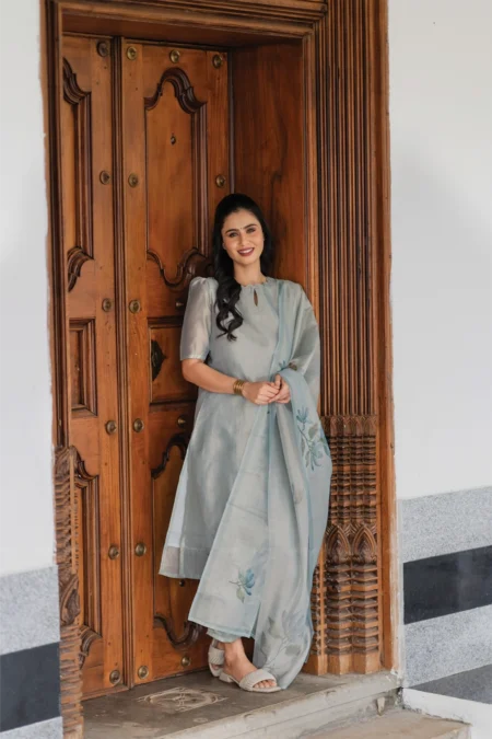 Periwinkle 3 Piece Blue Shimmer Tissue Printed Kurta