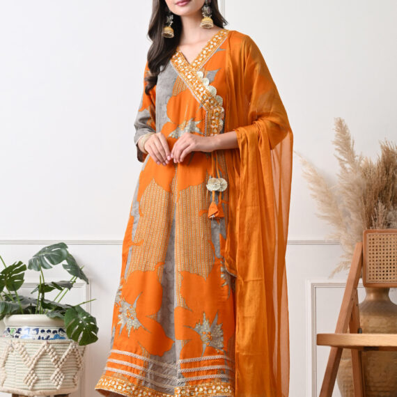 Orange Rayon Straight Suit Set For Women