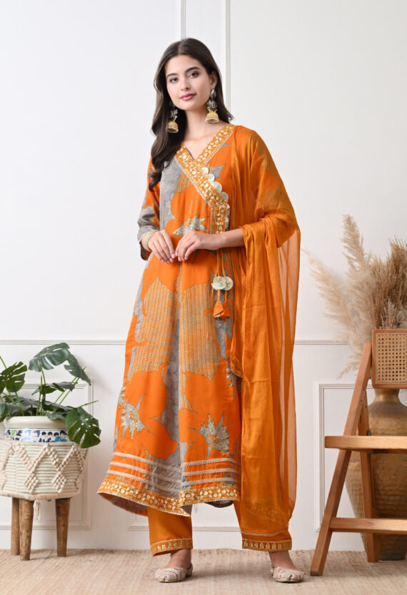 Orange Rayon Straight Suit Set For Women