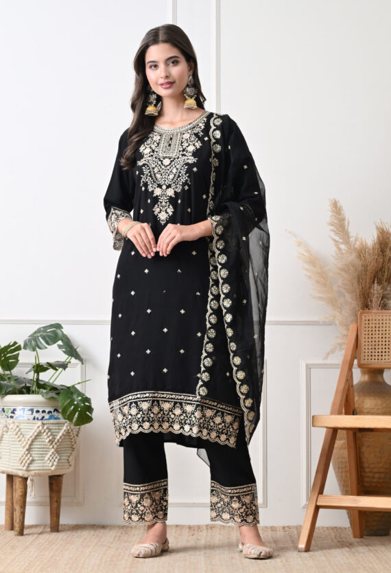 Black Rayon Straight Suit Set For Women