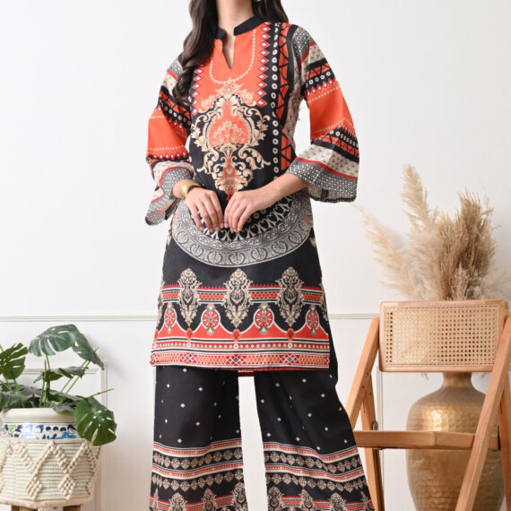 Black and Orange Rayon Straight Suit Set For Women