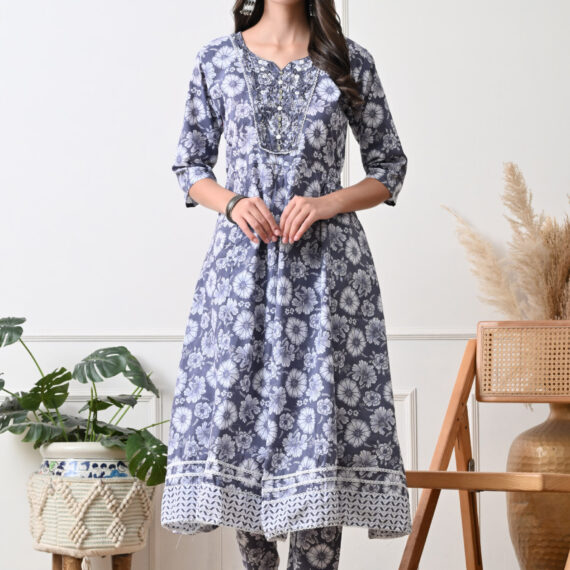 Grey and White Straight Suit Set For Women