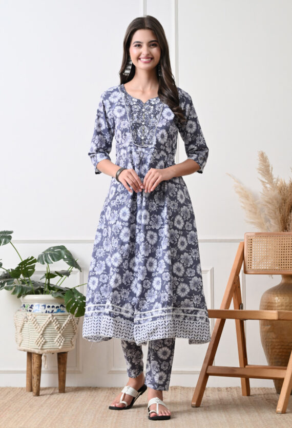 Grey and White Straight Suit Set For Women