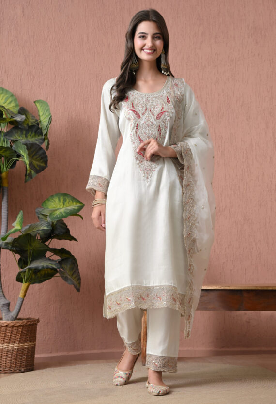 Neck Pattern White Kurti Set For Women